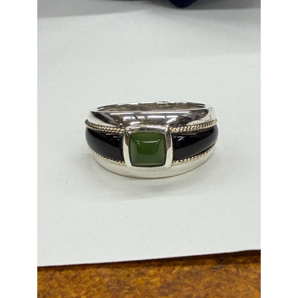 Mens 925 Sterling Silver 14K Gold Green Jade Black Onyx Ring Size 10 7.85g